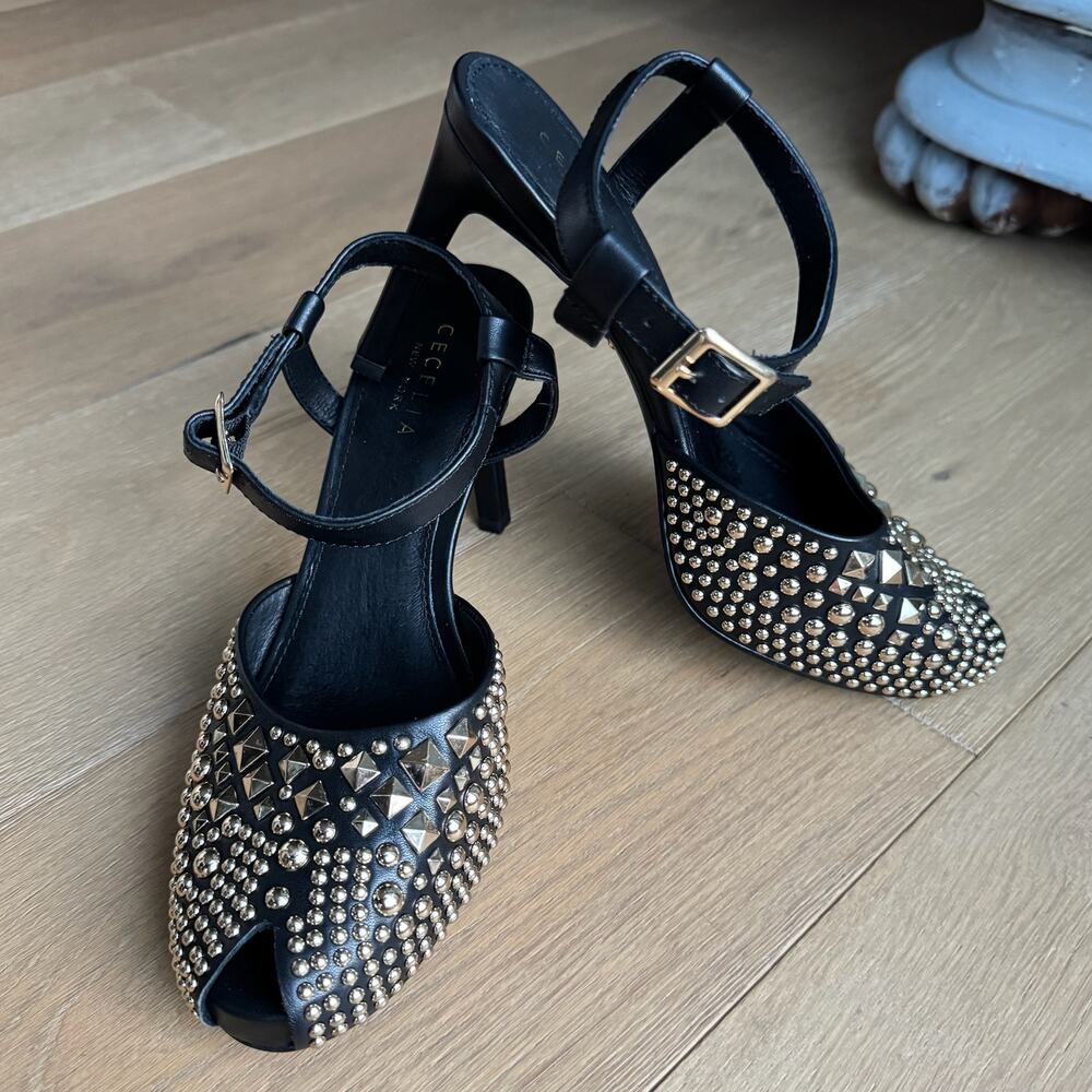 Cecelia New York Birdie Heels Sz 8.5 Black Gold Studded Peep-Toe Ankle Strap